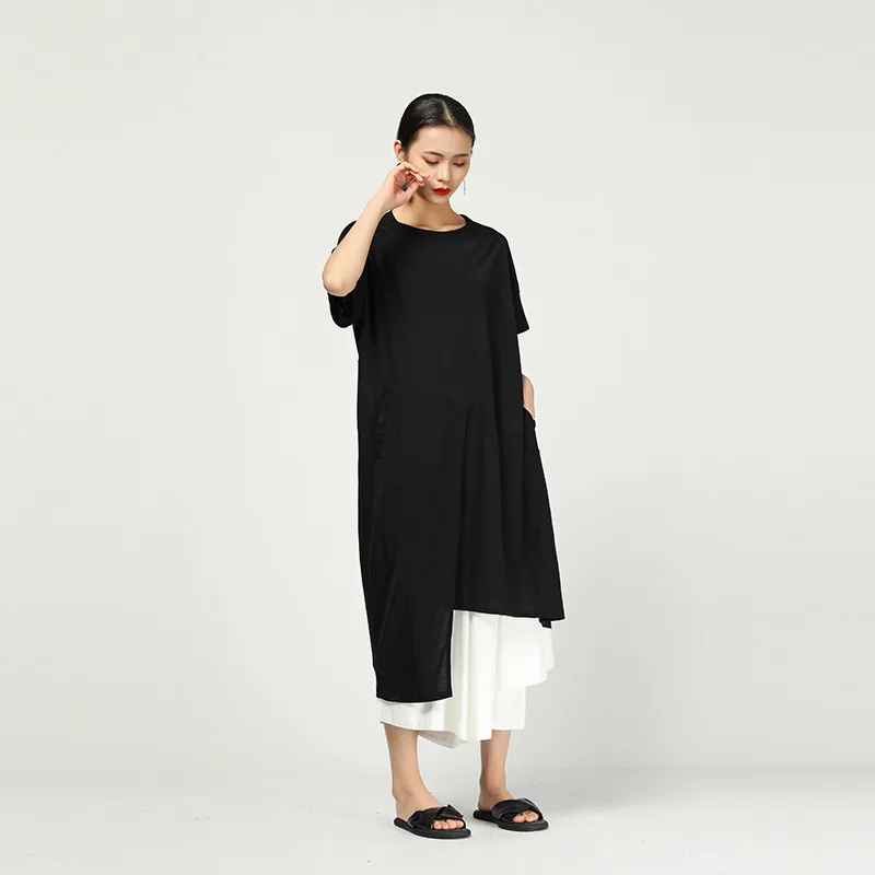 Модная льняная футболка с коротким рукавом и неровным Hemline, длинная футболка для женщин, новая летняя одежда, модные топы QF321