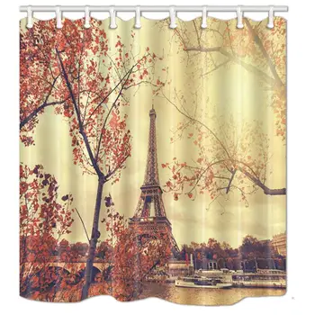 

Paris Cityscape Decor Red Flower Eiffel Tower Shower Curtain in Bath Polyester Fabric Bathroom Fantastic Decorations Bath