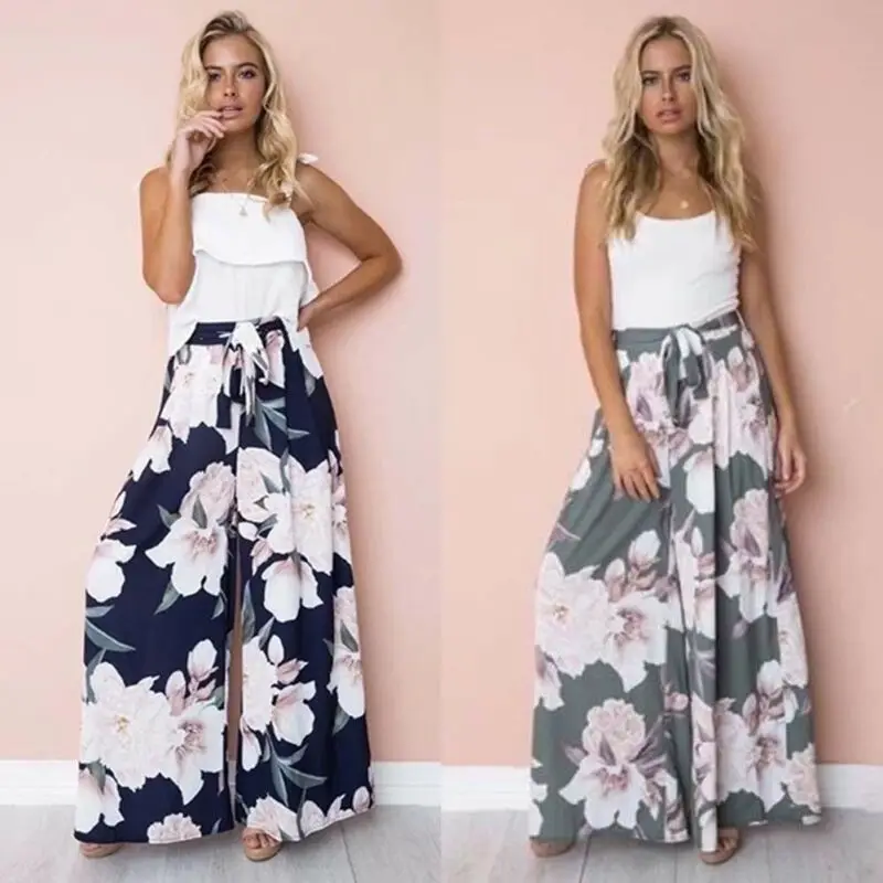 Модные женские летние Boho Цветочные шаровары длинные штаны хиппи Высокая широкая нога Цыганский танец Бохо Палаццо свободные кюлоты повседневные брюки