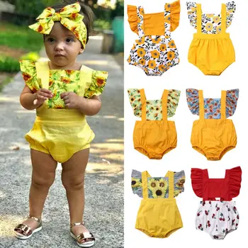 

2020 New Newborn Baby Girl Flower Ruffle Romper Flying Sleeve Jumpsuit with Headwear Baby Summer Outfit Clothes 0-24M
