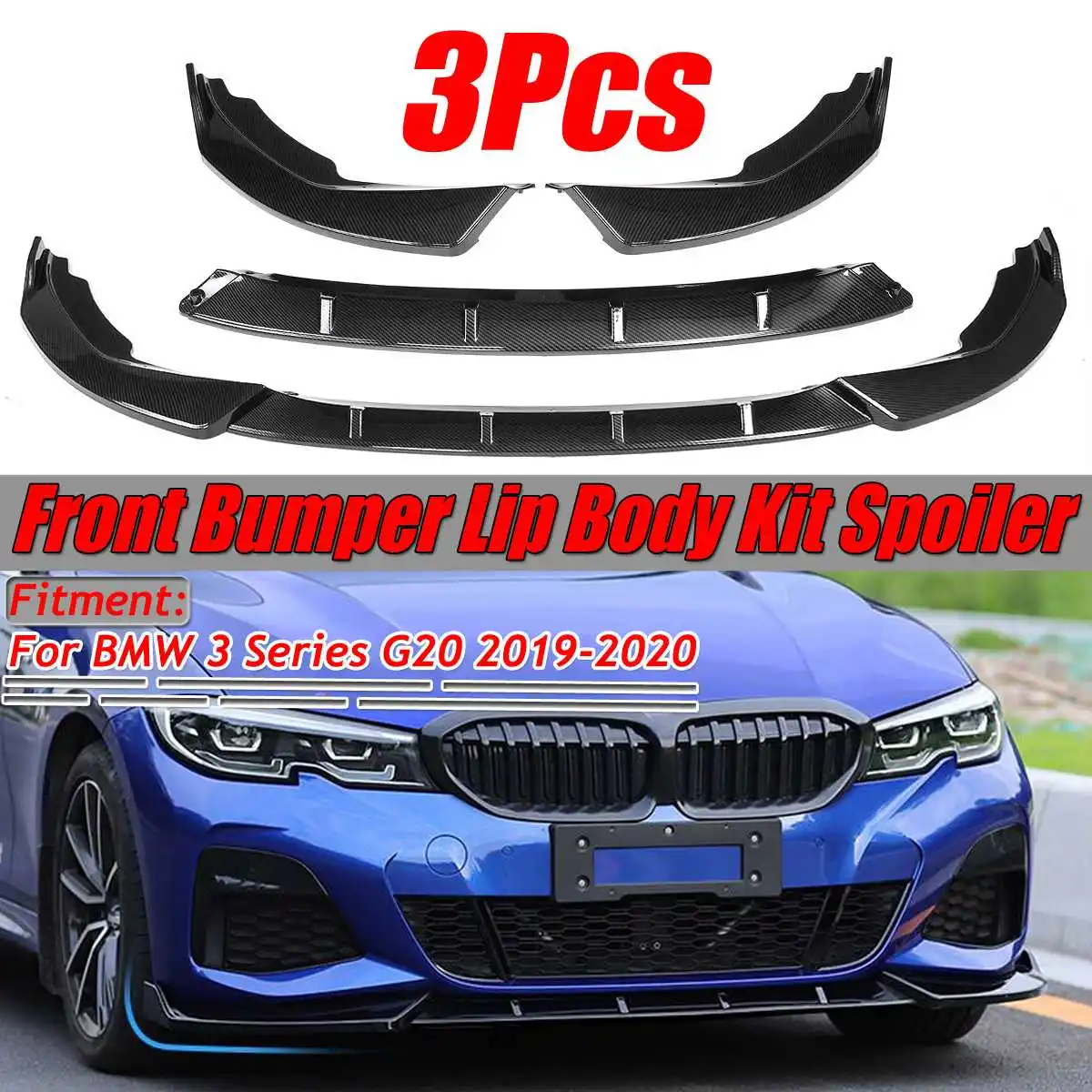 

Carbon Fiber Look/ Black 3PCS G20 Car Front Bumper Splitter Lip Spoiler Diffuser Deflector Lips For BMW 3 Series G20 2019-2020
