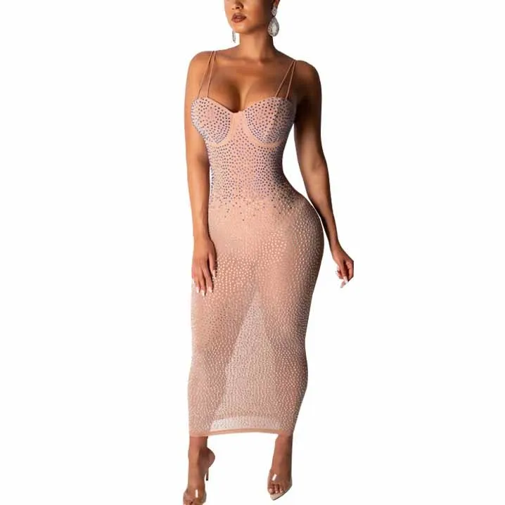 Модные красивые летние Для женщин Bodycon Вечерние сексуальное платье с низким вырезом на спине бретельки Сетчатое платье поп дрель прозрачная Клубное платье макси платье