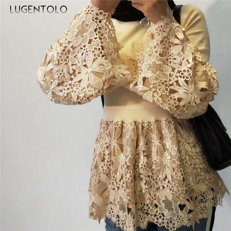 Lugentolo, женские топы, блузка, кружевная, мусульманская, свободная, с длинным рукавом, с полустоячим воротником, элегантные, полые, одноцветные, повседневные, женские блузки