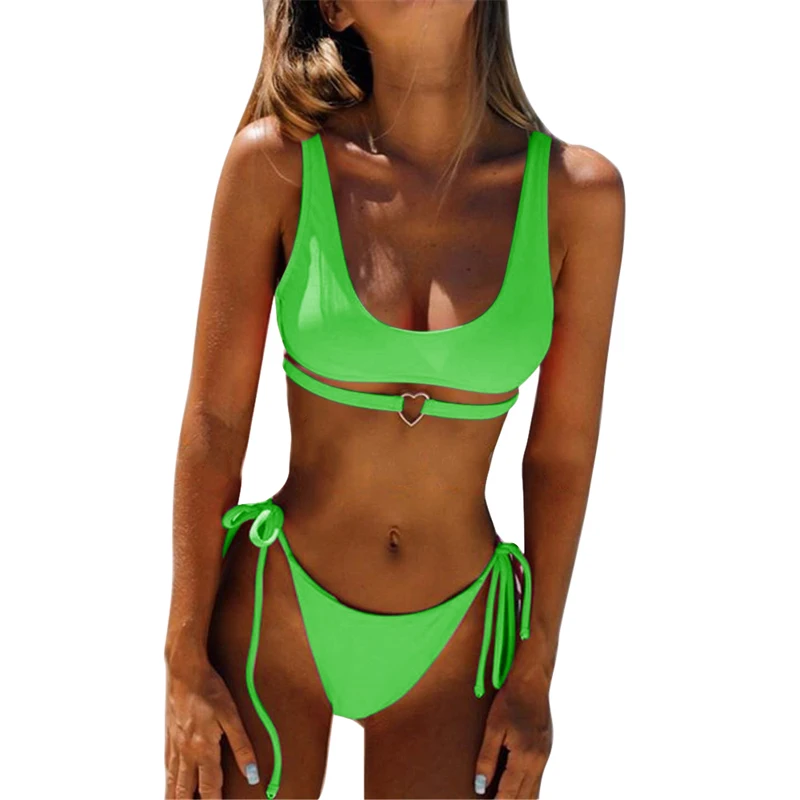 Sfit, женское бикини,, сердце, стринги, зеленый, купальный костюм, стринги, бикини, купальник для женщин, микро нижнее белье, купальник, вырез на шее, Топ - Цвет: green