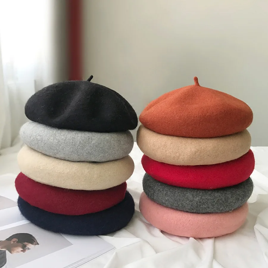 

Lady spring Winter Berets Hat Painter style hat Women Wool Vintage Berets Solid Color Caps Female Bonnet Warm Walking Cap