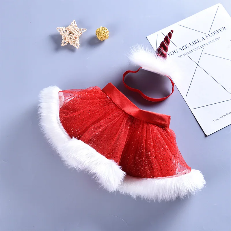 Рождественская юбка-пачка с единорогом для маленьких девочек детский танцевальный костюм для вечеринки, комплект одежды для девочек от 3 месяцев до 4 лет - Цвет: Red
