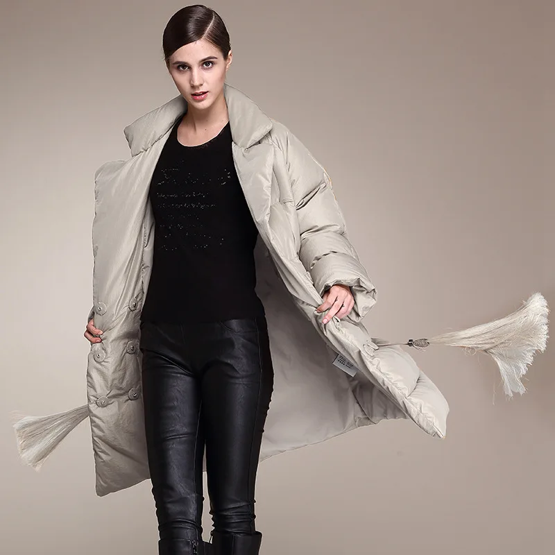 Elifashion, женский пуховик размера плюс,, толстый, белый, на утином пуху, женский, осень и зима, средней длины, с отворотом, модный пуховик