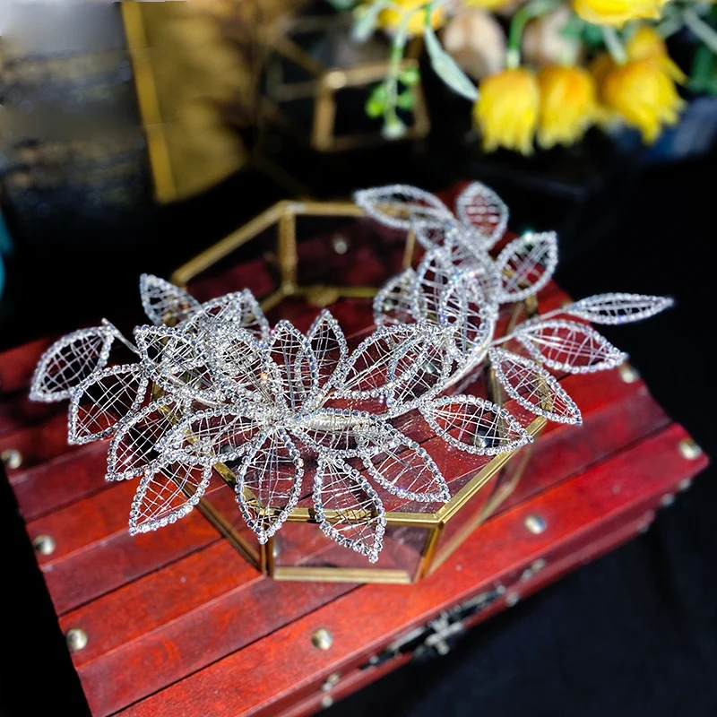 White Leaves Hollow Headband Fairy Rhinestones hair jewelry Bridal Wedding bride Hair Accessories