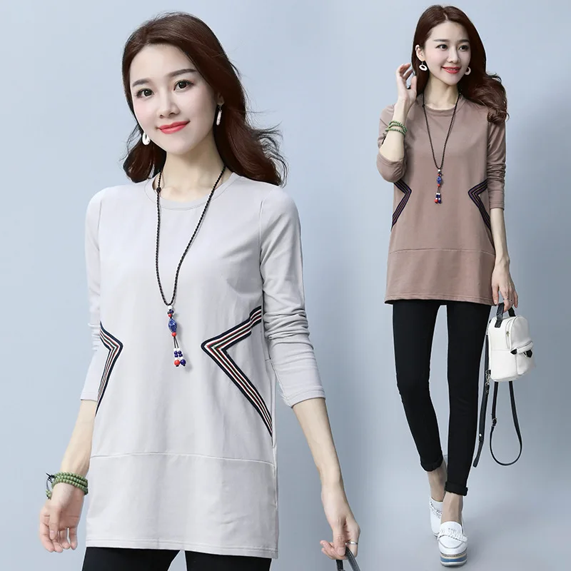 2019 Autumn Clothing New Style Korean-style Literature And Art Solid Color Joint Long-sleeved T-shirt Fat Mm Slimming Comfortabl