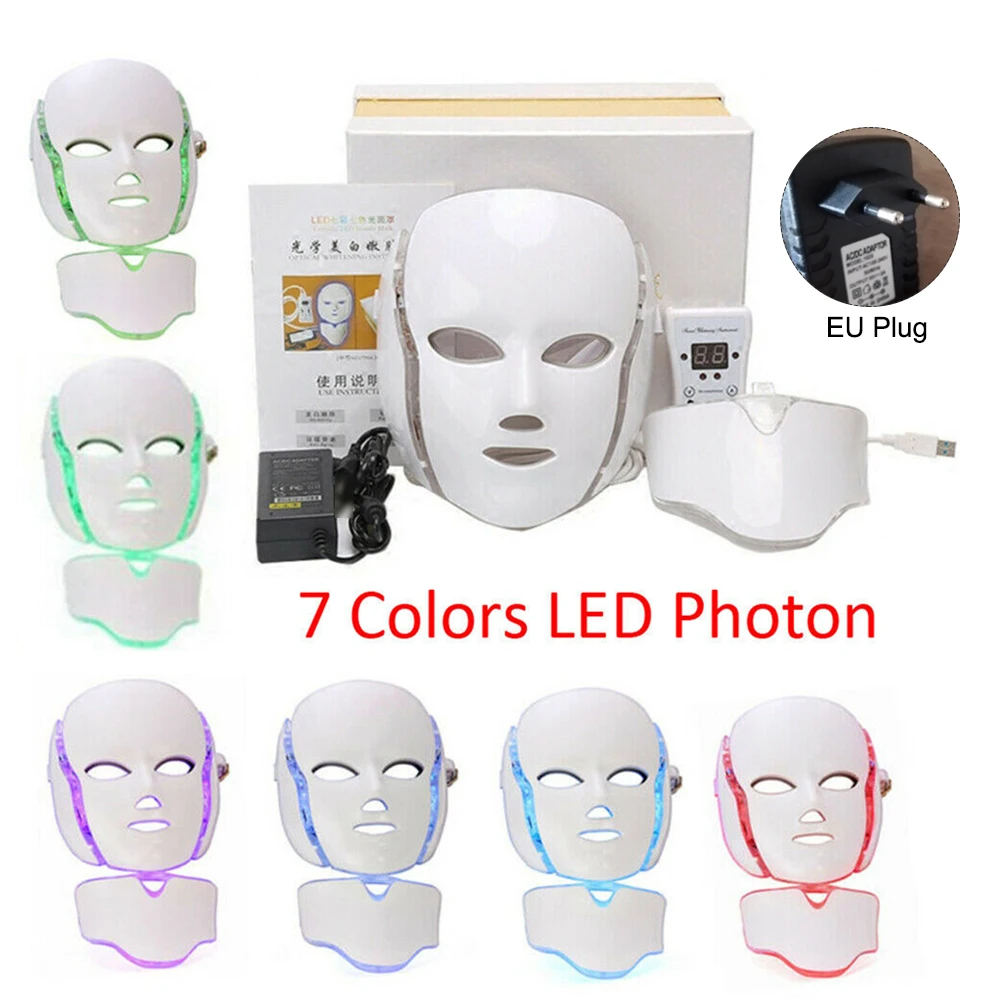EU Plug Led Mask 7 Colors LEDs Light Photon Face Neck Mask Rejuvenation Skin Therapy Skin Wrinkles - Цвет: EU Plug
