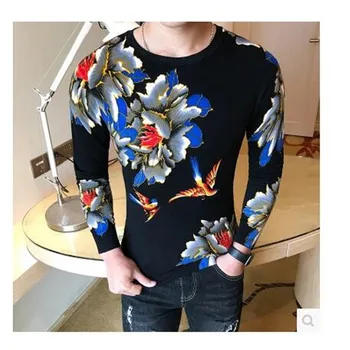 

2018 Spring Mens Flower Pullover Sweater Men Fashion Designer Slim Fit Floral Sweter Masculino Round Neck Party Wear Pull Homme