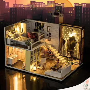 

None DIY Wooden Doll House Miniature Dollhouse Furniture Kit Toy for Kids Girlfriend Christmas Gift