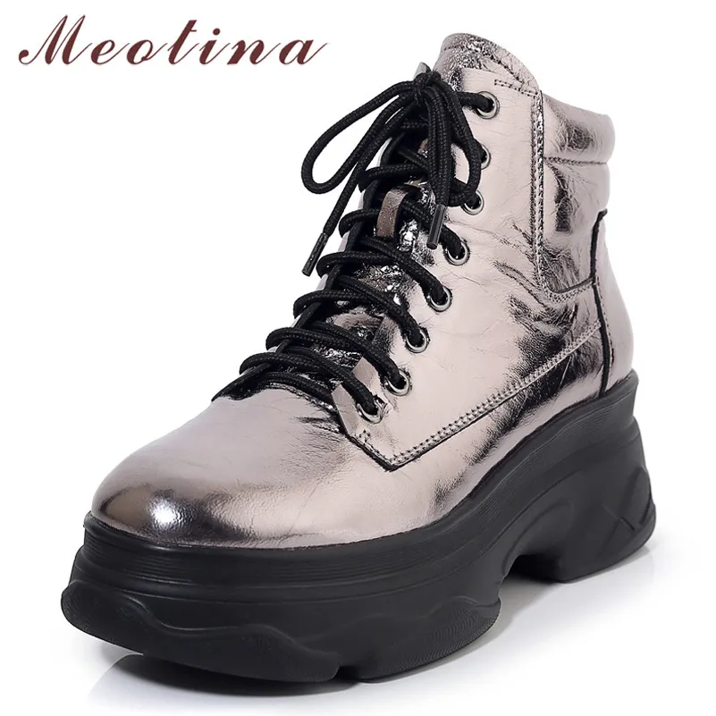 

Meotina Autumn Ankle Boots Women Natural Genuine Leather Flat Platform Short Boots Lace Up Round Toe Shoes Lady Black Size 34-39