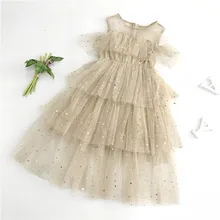 Милые длинные платья из сетчатой ткани для девочек; блестящее Сетчатое платье без рукавов с блестками и звездами; вечерние платья для девочек-подростков; рождественское платье; Vestidos CA959