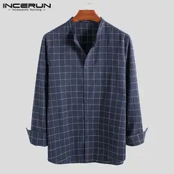 INCERUN/Осенняя мужская клетчатая рубашка с длинными рукавами, шикарная Повседневная Блузка с воротником-стойкой, модные повседневные