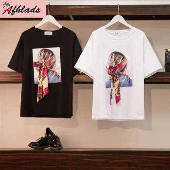 

Large size women's summer bow round neck short-sleeved t-shirt character print casual fashion loose wild Cotton women T-shirt