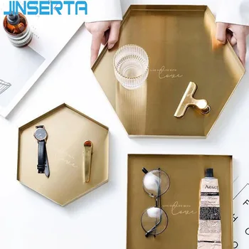 

JINSERTA Metal Serving Tray Jewelry Display Plate Cosmetic Organizer Luxury Gold Dessert Sanck Plate Tea Coffee Decorative Tray