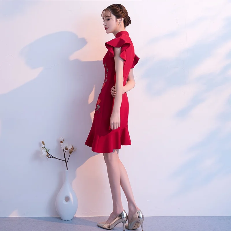 Красное свадебное платье Cheongsam в китайском стиле, винтажные женские короткие Ципао, классическое платье для выступлений на сцене, элегантные китайские платья TA1825