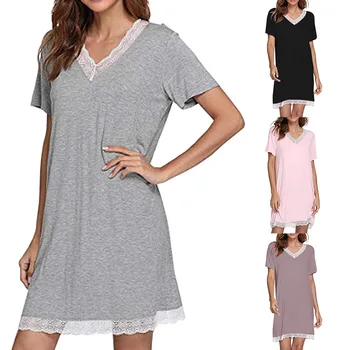 

Soft Women Sexy Cotton Solid Color Lace Stitching V Neck Short Sleeve Nightdress Lingerie Home Clothing New
