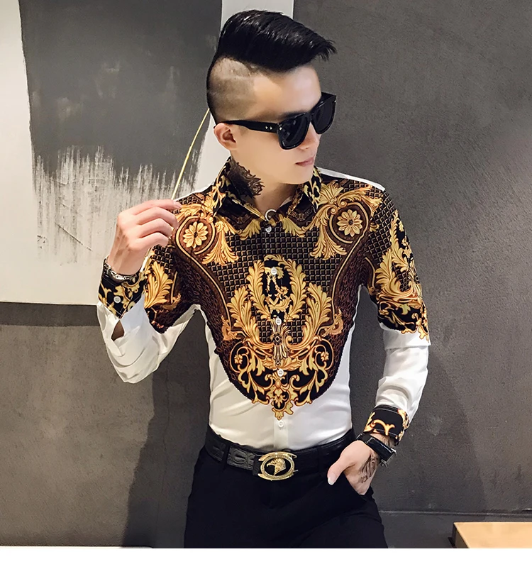 Роскошная Черная Золотая рубашка с принтом Королевский мужской смокинг Camisas модная мужская Клубная одежда с длинным рукавом Тонкая мужская рубашка для банкета в стиле барокко