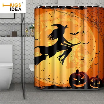 

HUGSIDEA Halloween Witch Shower Curtains Broom Bathroom Curtain Happy New Year Cortina Bano Water Proof Bathroom Accessories