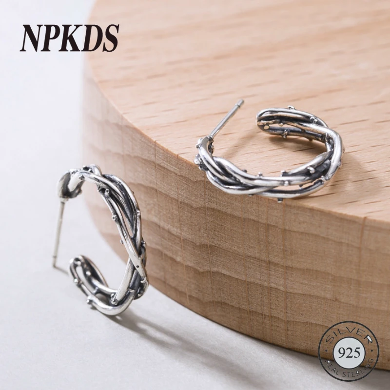 

925 Sterling Silver C Shape Stud Earrings Tree Vine Vingtage Thai Silver Earrings for Women Fashionable Girls 925 Jewelry Charm