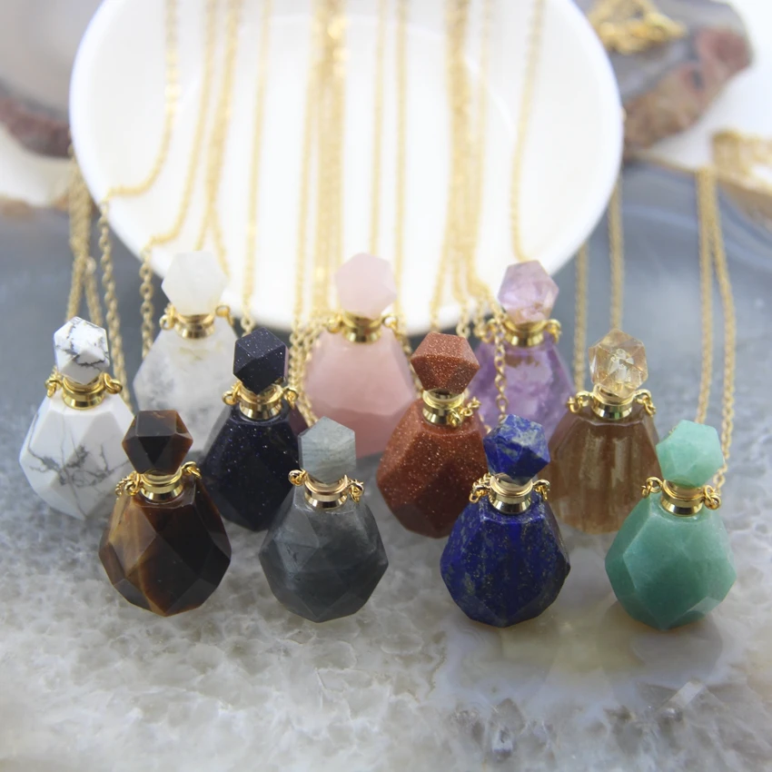 

Natural Labradorite/Amethysts Faceted Perfume Bottle Pendants Necklaces,Crystal Quartz Essential Oil Diffus Vial Charms Jewelry