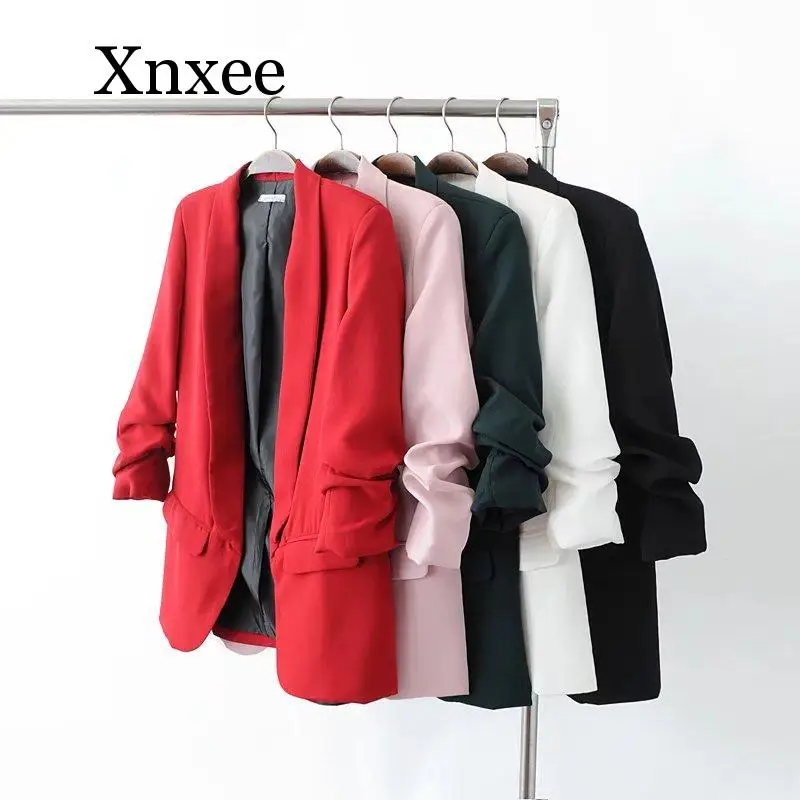 Spring Autumn Red Jacket Blazer Women Folded Sleeve Notched Office Lady Suit Coat Female Solid Casual Outerwear Women Coat Red