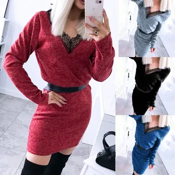 

clothing OWLPRINCESS 2020 Autumn and Winter New V-neck Lace Trim Long-Sleeved Dress