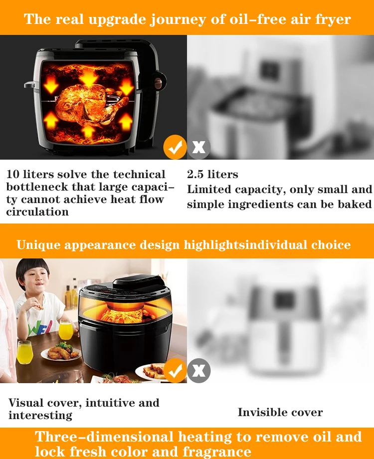 Description Picture 3 of item10L Large Capacity Oil-Free Air Fryer Electric Fryer Oven 360°Bake Led Touch Screen Smart Multifunctional Electric Fryer