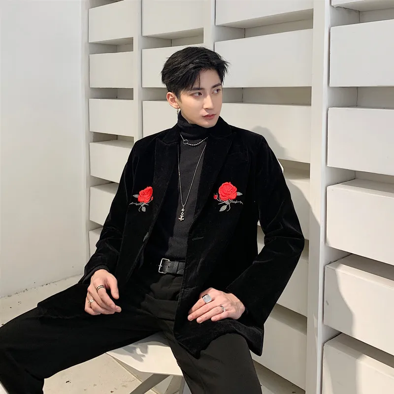 Men Velvet Rose Embroidery Casual Blazer Jacket Male Vintage Fashion Streetwear Hip Hop Loose Suit Coat Outerwear
