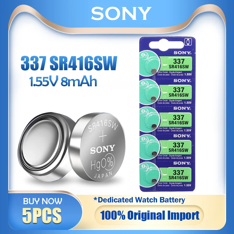 5PCS Original Sony 337 SR416SW Watch Battery 1.55V Silver Oxide Button Cell Battery For Bluetooth Headphone Toy MADE IN JAPAN lithium ion battery pack