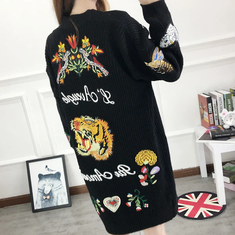 

Women Sweaters And Pull European New Butterfly Flower Tiger Pattern Heavy Cardigan Medium Single Breasted Sweater Coat s441