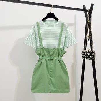 

Summer Strap Shorts Set Girls Lady New Fashion Stylish Striped T-shirt + sashes Wide Leg Pants Two-piece Student Shorts Sets