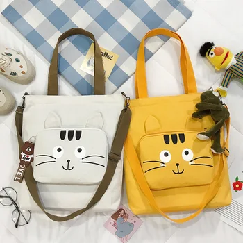 

Cat Cute Canvas Shoulder Bag Ladies Large Capacity Handbags For Women 2020 Casual Solid Color Zipper Student Shopping Bag Tote