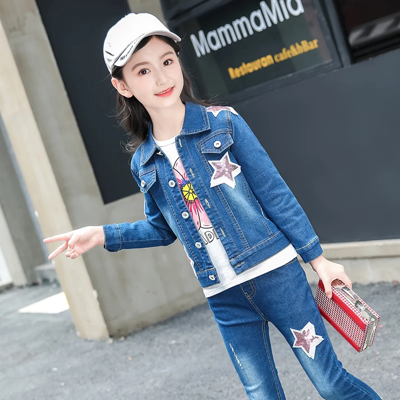 

Girl Set Spring Autumn Kids Clothing Set 2019 Jeans jacket + shirt+Jeans Pants 3 Pcs Teenage School Girls long Sleeves Tracksuit
