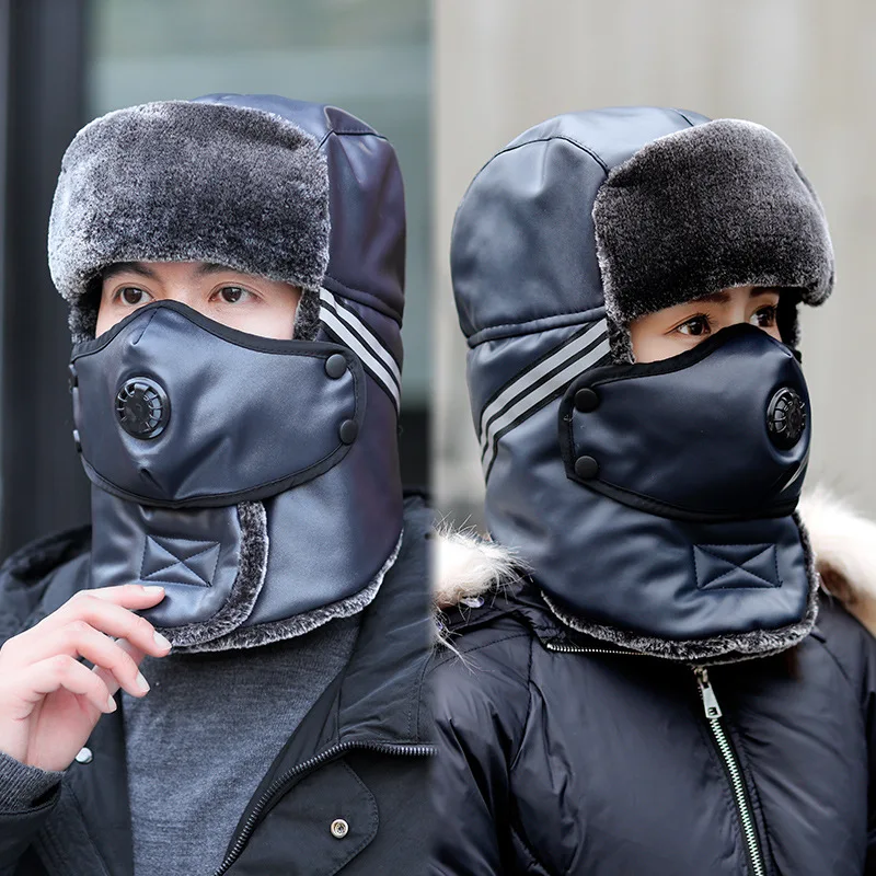 Шапка-ушанка из искусственной кожи в русском стиле, шапка охотника-пилота, зимняя шапка из искусственного кроличьего меха, шапка-ушанка, шапка для снежной погоды, шапка-ушанка, защитный чепчик - Цвет: Синий