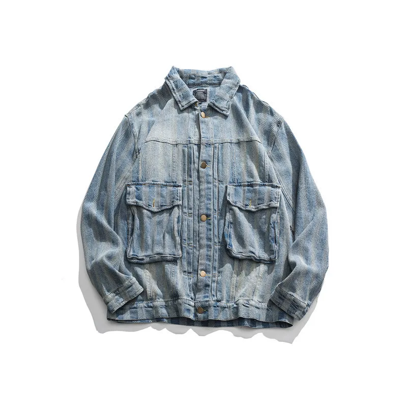 

Loose Mu Cool Spring Clothing Japanese-style Retro Stripes Casual Tooling Jacket Trend Washing Loose-Fit Fold-down Collar Denim