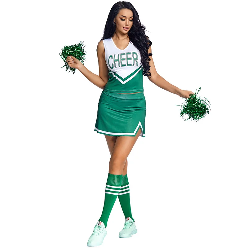 Women Green Cheerleading Suit Female Top Skirts Sexy Gear Ladies Uniform Cheer Leader Dress With