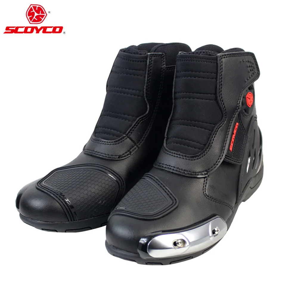 SCOYCO Motorcycle Shoes Moto Motorbike High Ankle Stainless steel slider Anti-Skip Reflective Speed Riding Boots
