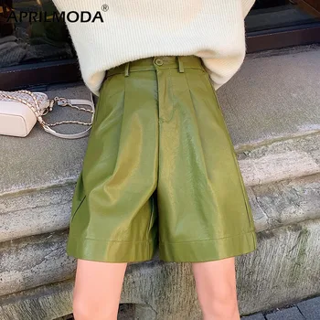

2020 Autumn Winter PU Leather Street Half Pants High Waist Green Chic Wide Leg Pants Streetwear Punk Vintage Trousers Pocket