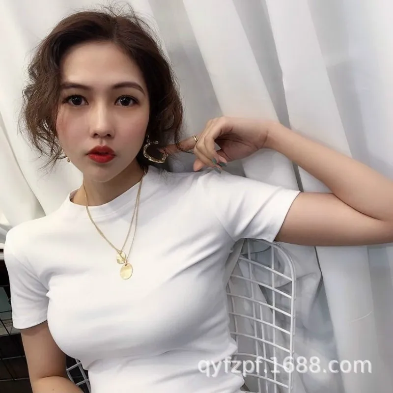 

Ms basic and elastic air pure color T-shirt, leisure T-shirt with short sleeves, high quality, various colors, navel render unli