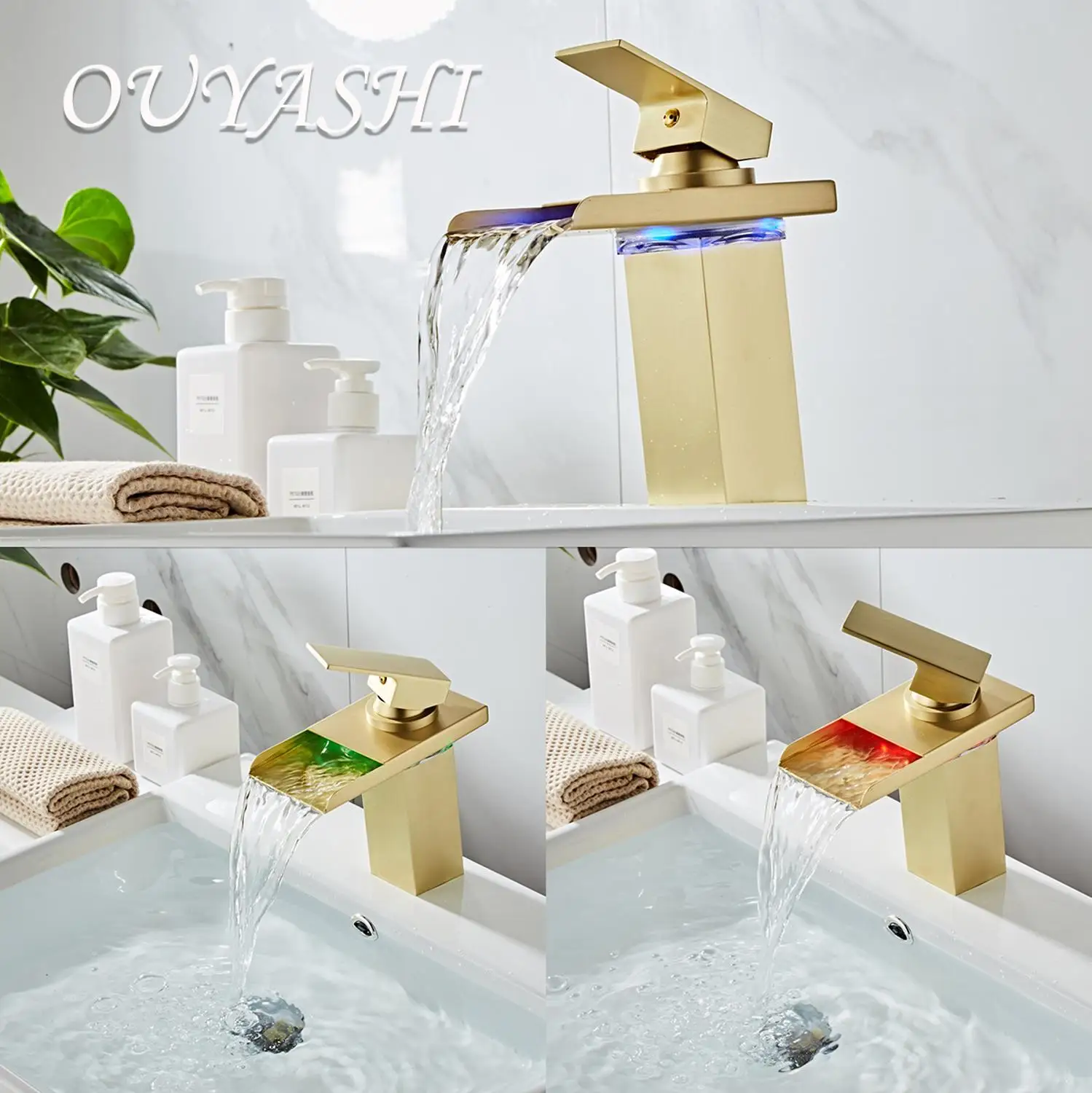 

OUYASHI bathroom basin faucet water tap LED light deck mounted single handle single hole modern waterfall