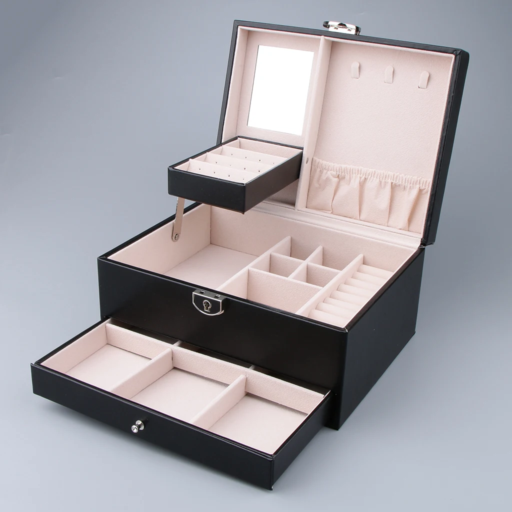 Multi-layer Leather Portable Jewelry Storage BOX Display Case Dresser Decor