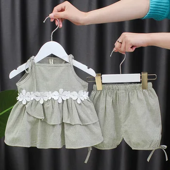 

Children's clothing stitching lace sling suit female baby summer fashion children's clothes clothes new two-piece cotton tide