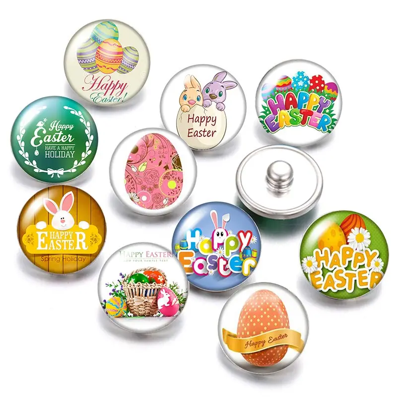 

Happy Easter day Egg rabbit 18mm snap buttons 10pcs mixed round photo glass cabochon style for snap button jewelry