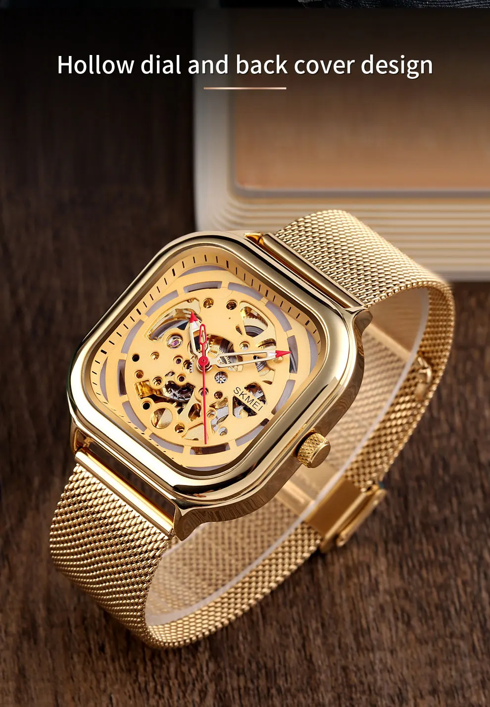 SKMEI модные Для мужчин, золотые часы Полный Нержавеющая сталь прозрачные автоматические механические часы черные часы Relogio Masculino