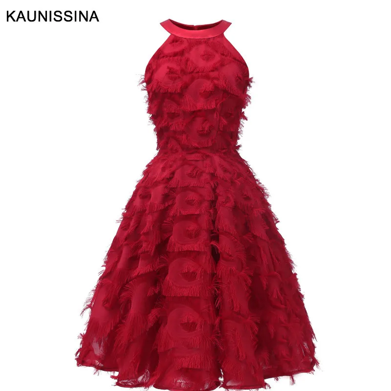 Красный KAUNISSINA robe de изящные вечерние платья с бретелькой на шее без рукавов розовые красные трапециевидные короткие платья - Цвет: Красный