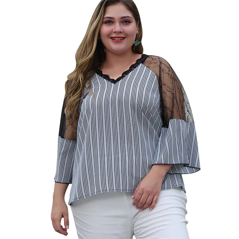 

WHZHM Autumn Plus Size 3XL 4XL Women Striped Tees Elegant Three Quarter Lace Flare Sleeve Casual Sexy Ladies tshirt V-Neck Tops