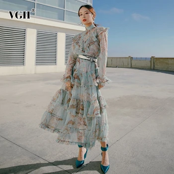 

VGH Print Dress For Women O Neck Long Sleeve Lace Up Tunic High Waist Patchwork Hit Color Dresses Elegant Female 2020 New Style